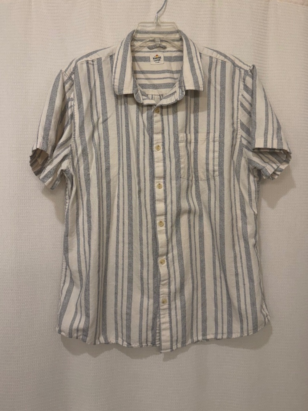Marine Layer Selvage Stretch Short Sleeve Shirt XL Blue Stripe Cotton Button Dow